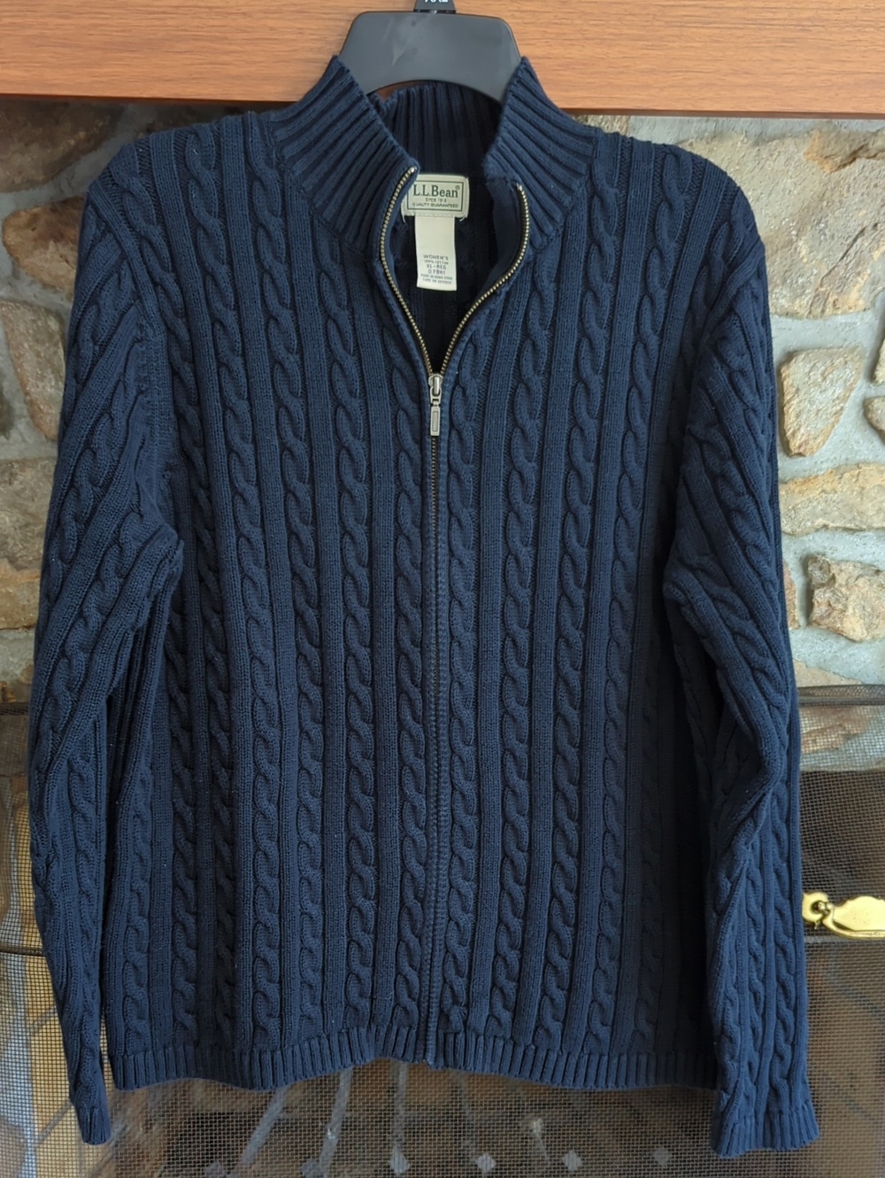 L.L. Bean Navy Cable Knit Cotton Full Zip Cardigan